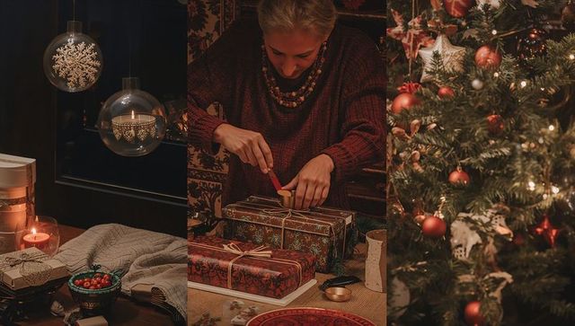 Cozy Holiday Gift Wrapping by Christmas Tree