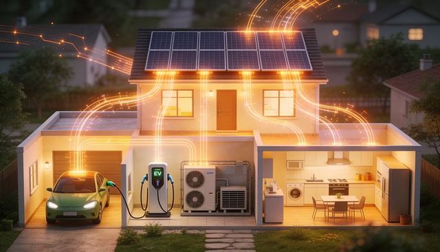 Solar-powered smart home charging electric vehicle with rooftop panels and energy flow