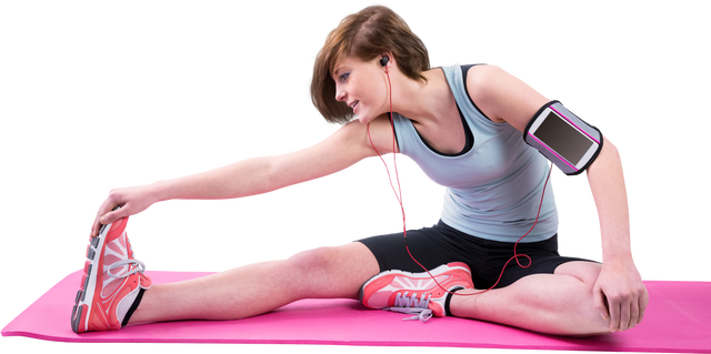 Woman Stretching Hamstring on Transparent Exercise Mat with Phone Arm Band - Download Free Stock Videos Pikwizard.com