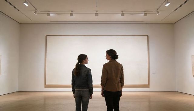 Adult and teen female standing facing blank canvas in minimalist art gallery interior