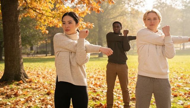 Three adults stretching in sunlit autumn park, outdoor fitness warm-up