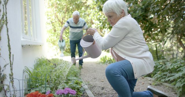 Senior Couple Gardening and Watering Plants Together in Backyard - Download Free Stock Images Pikwizard.com