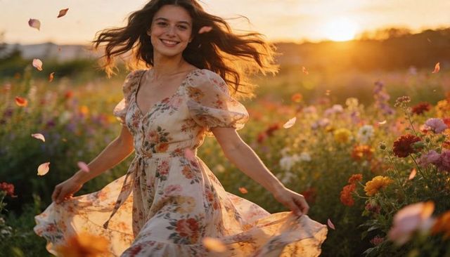 Twirling woman wearing floral dress through sunlit wildflower meadow at golden sunset