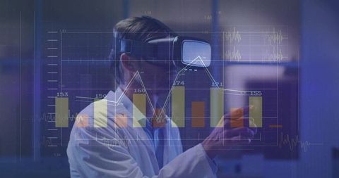 Scientist Using VR Headset to Interact with Holographic Charts in Lab