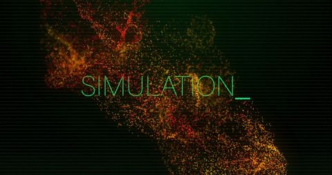 Glowing data network with simulation text in dark theme