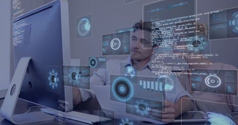 Man Analyzing Holographic Data at Modern Tech Workspace