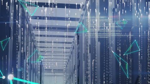 Futuristic Server Room with Digital Data Elements Overlay