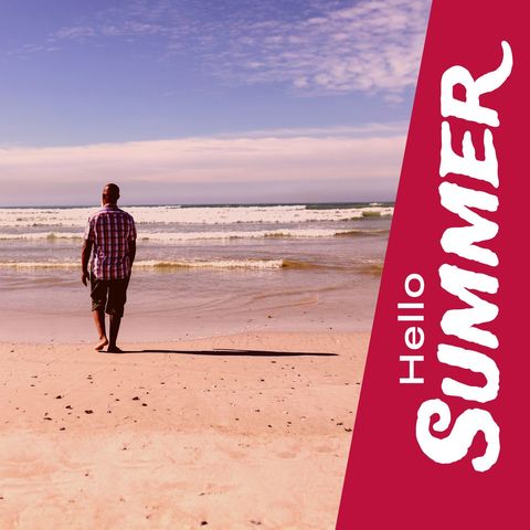 Rear View of Man on Sandy Beach with Hello Summer Text - Download Free Stock Templates Pikwizard.com
