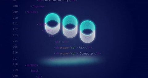 Neon torus trio hovering over html code representing cybersecurity and data risk