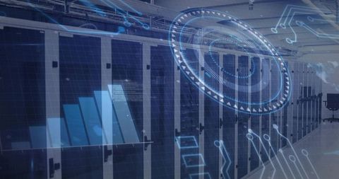 Futuristic data center rack servers with digital hud overlays for cloud infrastructure
