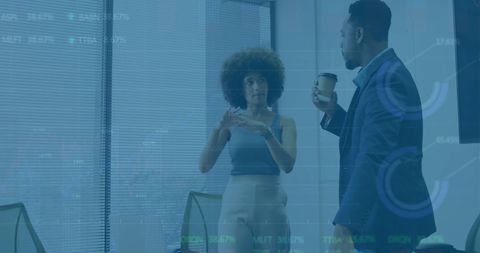 Colleagues Discussing Business Strategy with Digital Interface Overlay