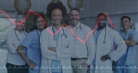 Medical team posing with health analytics overlay and red trendline showing metrics