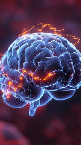 Rotating CGI 3D Brain Visualizing Neural Signal Flow and Hindbrain Activation | Vertical Video