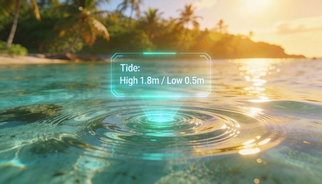 Holographic tide hud hovering above turquoise shoreline with rippling water at sunset