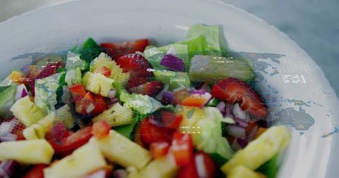 Fresh mixed salad featuring pineapple cubes, tomatoes and greens, futuristic map overlay
