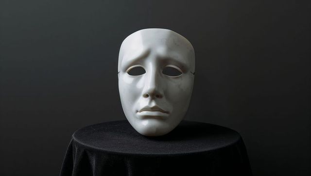 Resting white ceramic theatre mask with scuffs on black draped table, dramatic moody minimalism