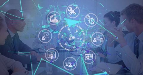 Diverse professionals collaborating on digital innovation
