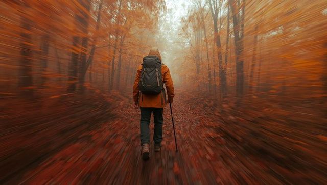 Adventurous Trek Through Misty Autumn Forest