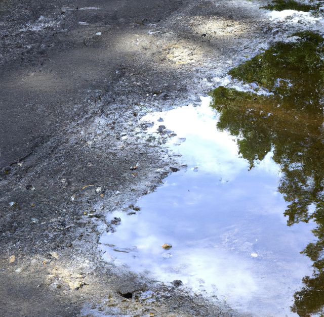 Reflection of sky and trees in a puddle on a quiet road highlights the serenity and beauty of nature after a rainfall. Suitable for themes about tranquility, nature's beauty, peace, and the calmness following rain. Ideal for use in environmental campaigns, nature blogs, and tranquil scene collections.