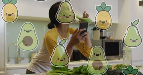 Healthy Lifestyle with Fun Overlay of Happy Avocado and Pineapple Graphics