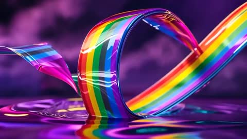 This abstract digital art features a vivid rainbow ribbon swirling through a rich purple background, with dynamic fluid motion and luminous reflections. The vibrant colors create an eye-catching surreal aesthetic. Can be used for creative projects, modern art displays, design inspirations, and digital wallpaper backgrounds conveying fluidity and imagination.