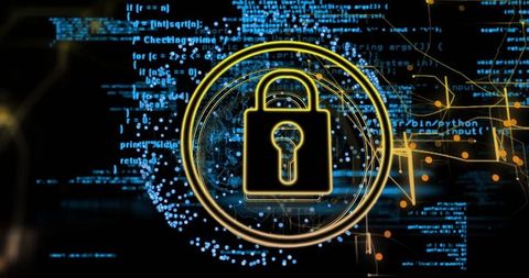 Cybersecurity lock over digital code and data visualization