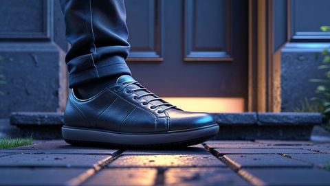 Stylish black leather sneaker on brick path with warm evening light