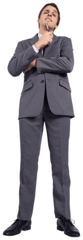 Thoughtful Businessman Holding Pen to Chin Against Transparent Background