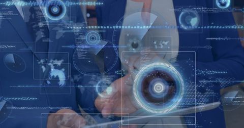 Digital Interface Displays Stats Over Diverse Warehouse Workers