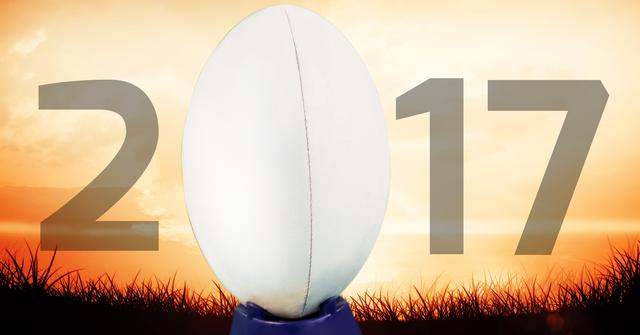 Digital composition of 2017 new year text with white rugby ball on grass