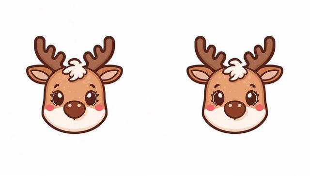 Kawaii Reindeer Heads Duo with Antlers and Glossy Eyes for Holiday and Winter Designs