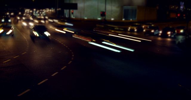Long exposure captures the light trails of moving vehicles on a busy urban road at night, with copy space. The blurred motion conveys the hustle and bustle of city traffic after dark.
