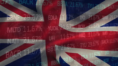 Blurred Financial Data Overlay on Union Jack Enhancing Digital Ambiance
