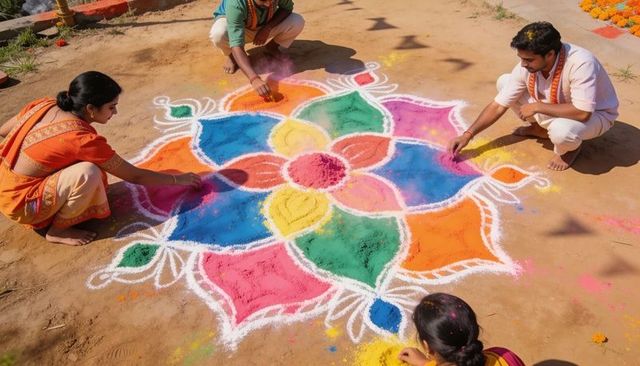 Family creating vibrant rangoli with colored powder and marigolds for diwali celebration outdoors