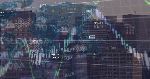 Image illustrates financial data processing across a global map set against a cityscape backdrop, highlighting themes of international business and economics. Useful for articles, websites, or presentations on global markets, financial analysis, and technology integration in finance industries.