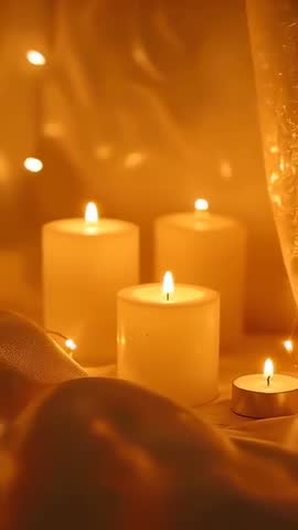 Vertical clip panning past flickering white pillar candles and tealight creating warm glow