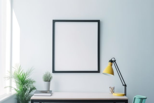 Minimalist home office desk featuring blank frame on white wall, yellow desk lamp, potted plants, and organized work essentials. Ideal for blog posts on interior design, minimalist decor inspiration, workspace organization tips, and clean, modern living spaces.