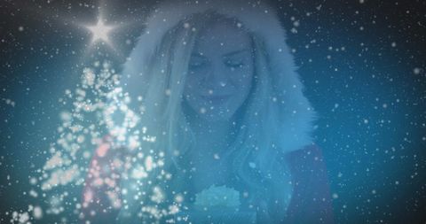 Woman Embracing Holiday Spirit Holding Gift Amidst Snowfall