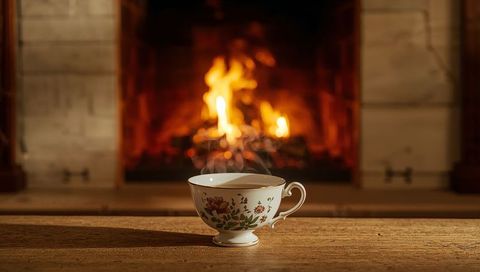 Steaming Porcelain Teacup with Floral Motif and Gold Rim in Cozy Fireplace Glow and Hearth Ambience