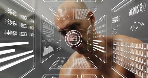 Shirtless Man Scanning Futuristic HUD Data Tunnel with Floating Analytics Reticle