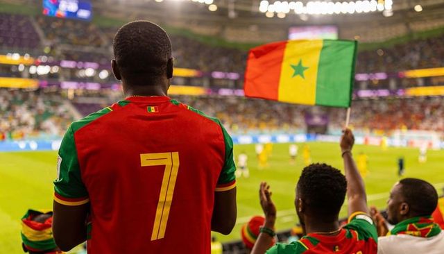 Senegal supporter cheering in stadium wearing number 7 jersey waving national flag during match