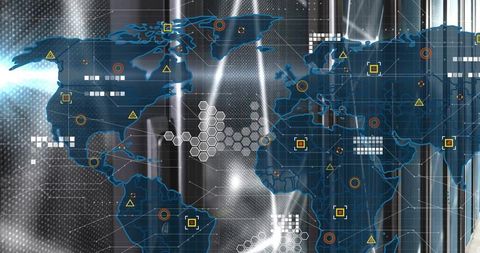 Futuristic world map with digital network interface elements