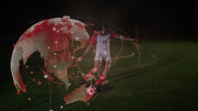 Caucasian male soccer player dressed in white and red uniform kicking a soccer ball on a grassy field at night. Futuristic digital globe overlaying the scene implies global connections and technological advancements in sports. Perfect for use in technology-focused sports advertisements, innovation in sports technology promotions, global sports events marketing, or as visual content in articles on sports science.