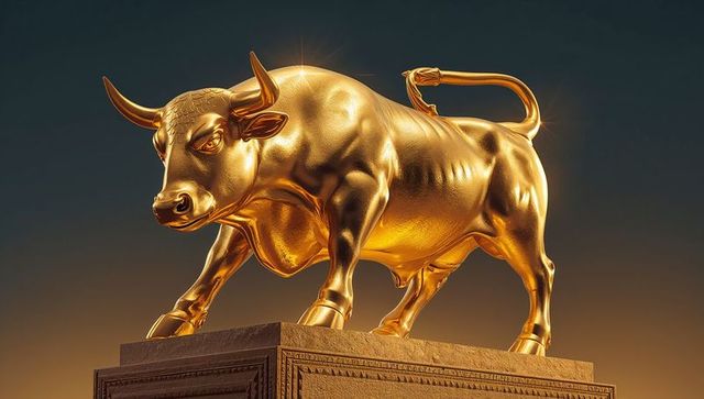 Charging golden bull symbolizing market strength and wealth on stone pedestal monumental