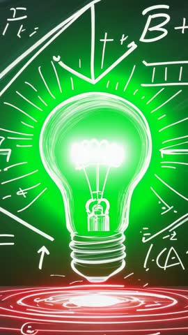 Vertical video glowing green light bulb pulsing filament over chalkboard sketches