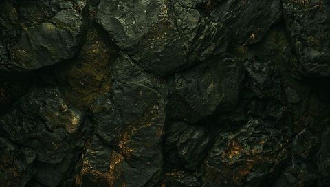 Dark ore rock wall with gold and copper veins, wet crevices and metallic mineral texture