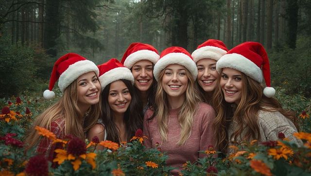 Cheerful Women in Santa Hats Enjoying Nature