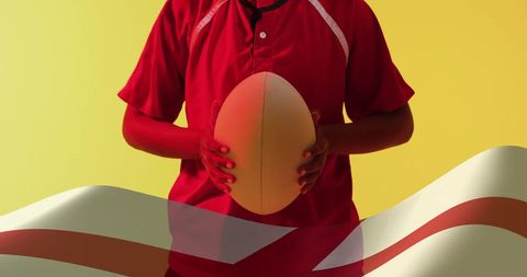 Woman Rugby Player Holding Ball with England Flag Overlay