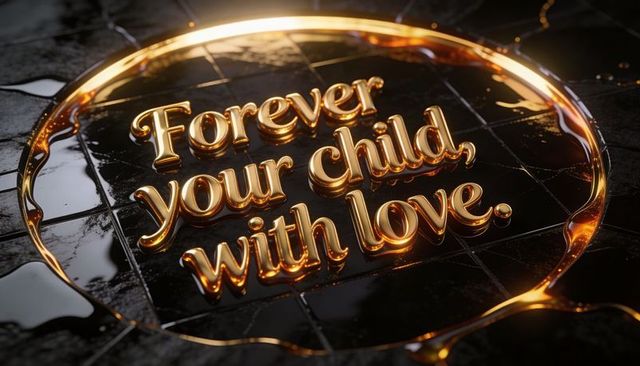 Luxurious gold lettering forever your child with love on glossy black tile with molten ring