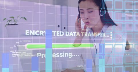 Businesswoman Overseeing Data Transfer Process in Modern Office